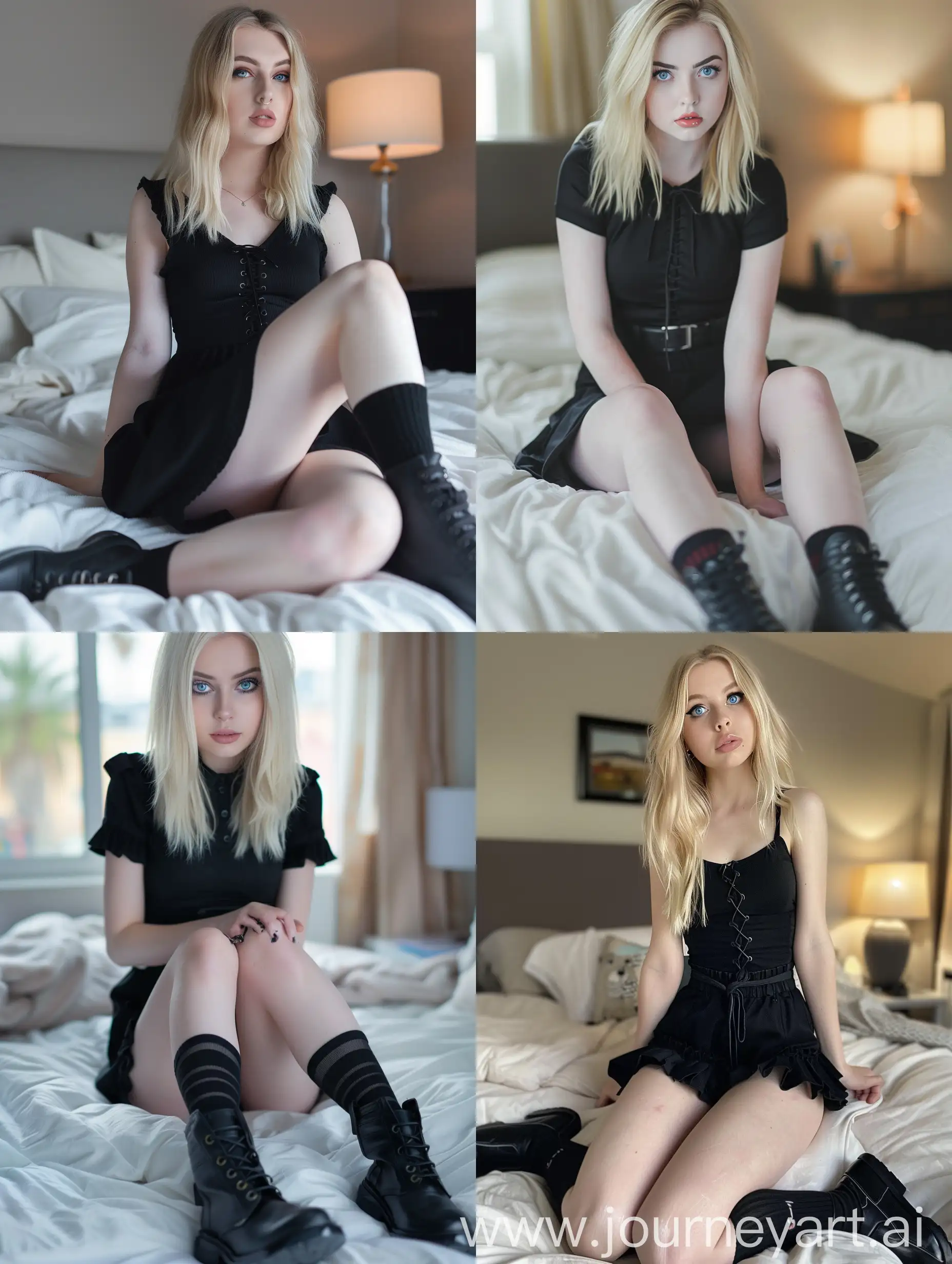 a blonde young woman, 20 years old, influencer, beauty, black dress, makeup,, ,, black boots, ,sitting, , thick legs, socks and boots, 4k, lying on bed, , blue eye,
, fat legs, , close up, front view