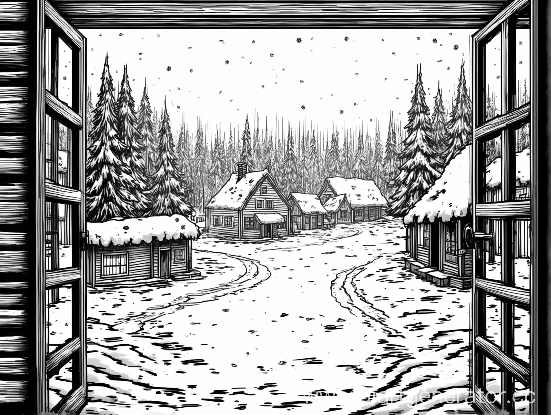 Empty village near a thick forest. Everything happens in winter. Black and white drawn style, view from the exit of a shop in first person