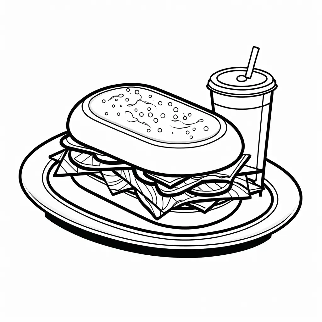 DINER SANDWICH SERVED IN A TRAY, Coloring Page, black and white, line art, white background, Simplicity, Ample White Space.