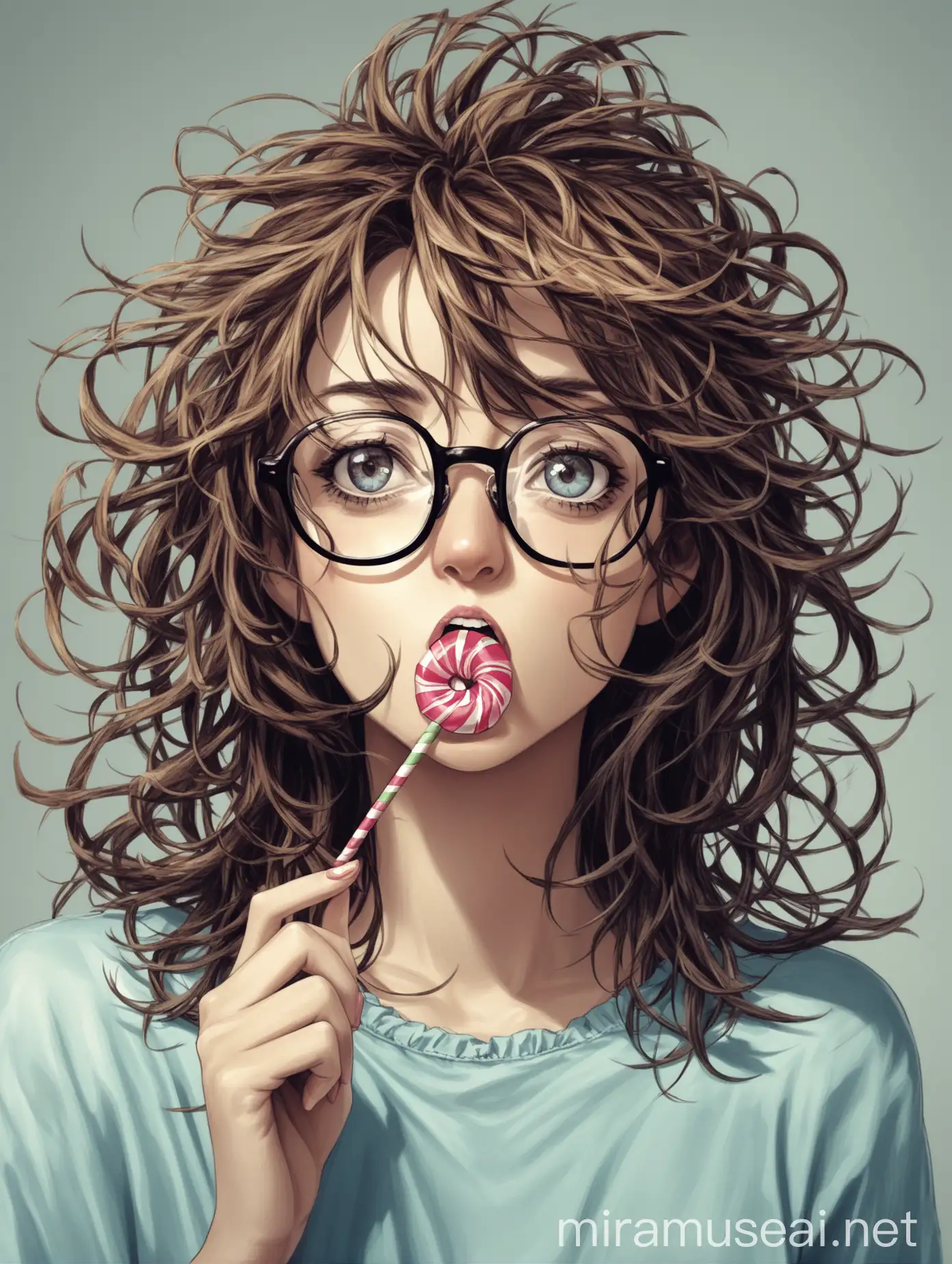Mujer con lentes el pelo alborotado y un caramelo en la boca