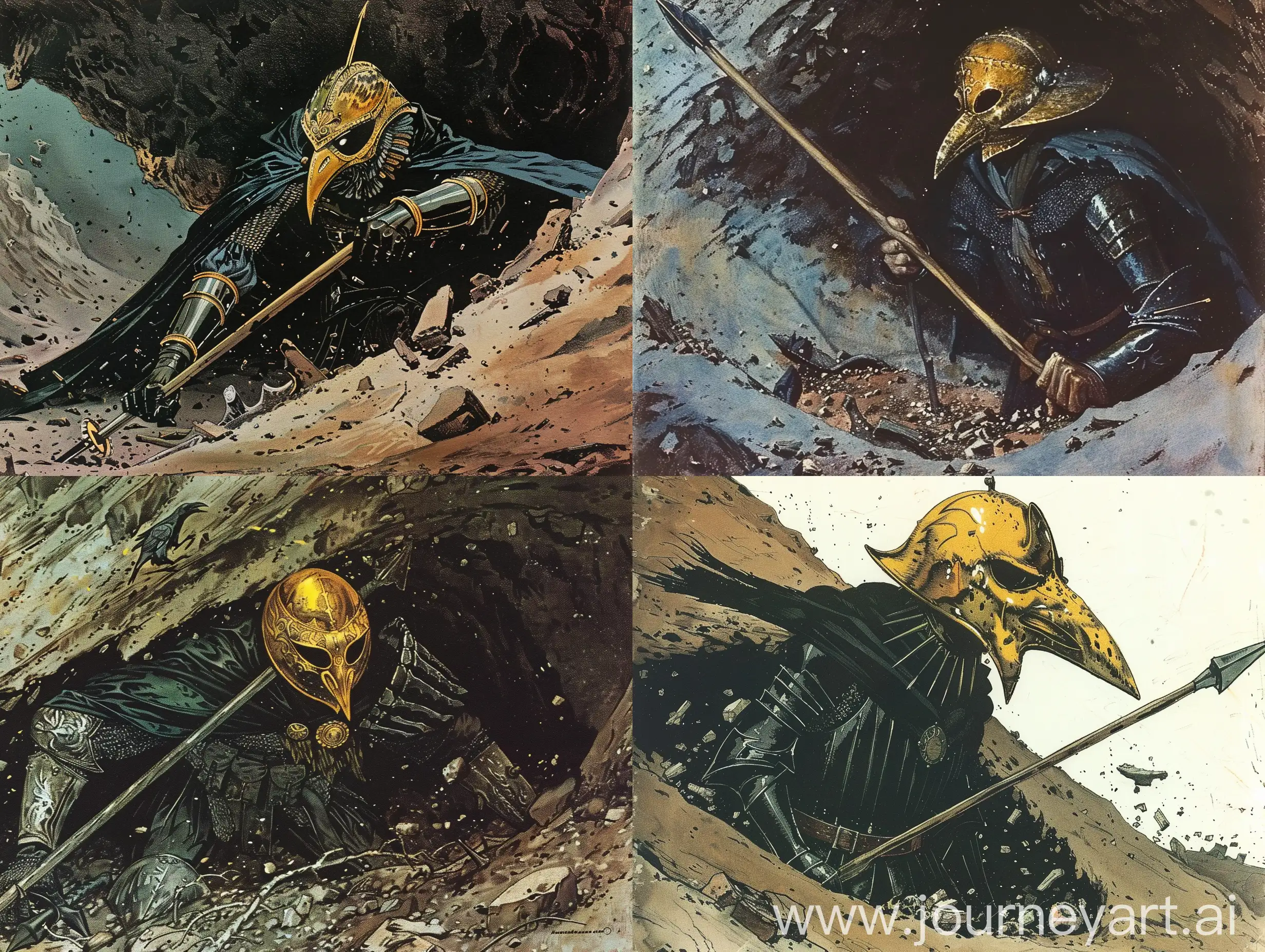 1970's dark fantasy book illustration. Scene of a knight who wears a golden mask in the shape of a raven, and has armor black as night. He is under a hill, holding a spear. The bottom is full of debris.