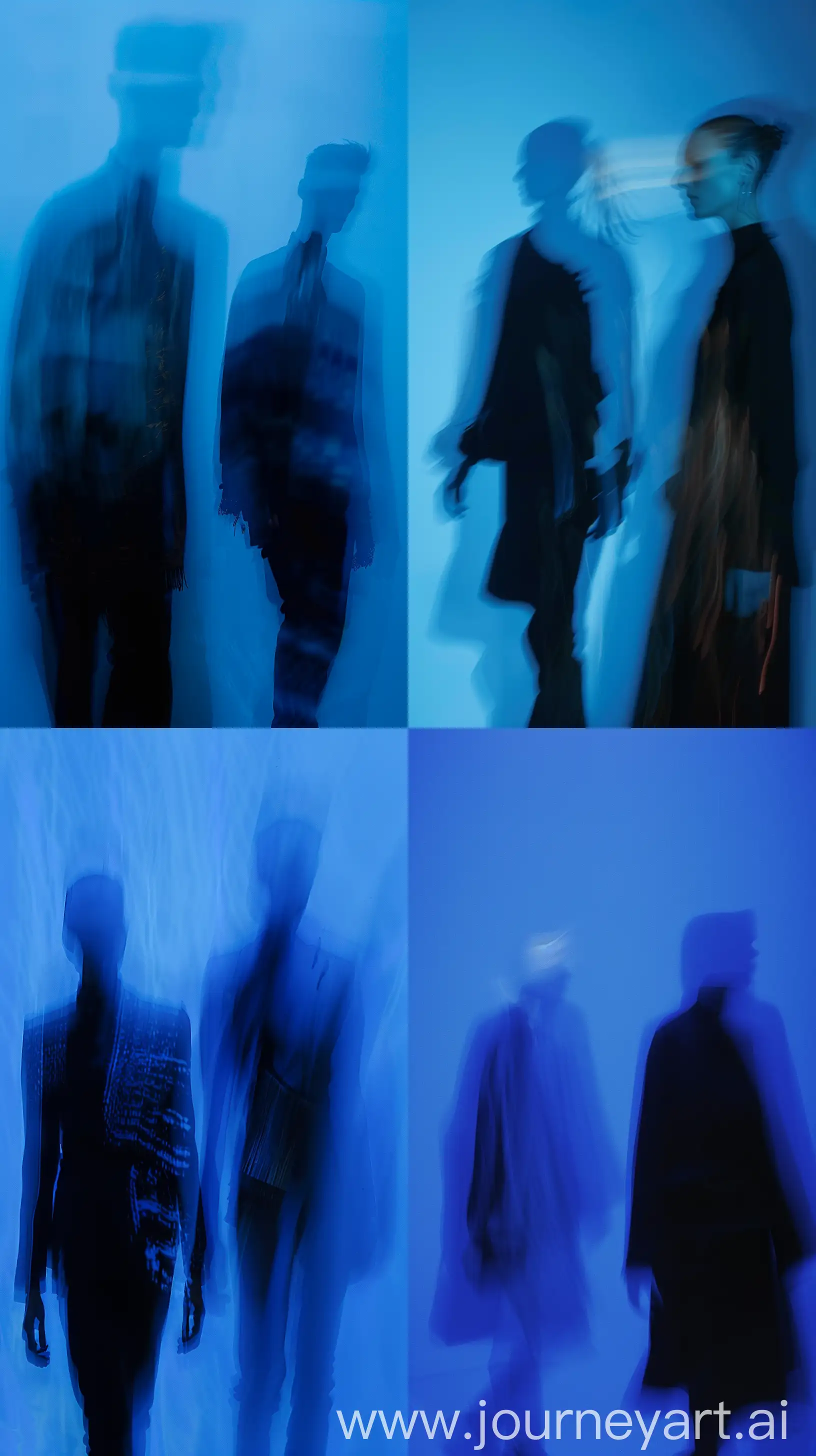 Create image image, two blurred balenciaga models figures are depicted against a blue background. The motion blur creates a ghostly, ethereal effect, with clothing details obscured. One figure in the foreground appears to be wearing a horror high fashion blackout, contrasting with the second figure, which is in a darker outfit. The lighting and blur lend a mysterious, almost haunting quality to the scene. Many acid colors  --ar 9:16