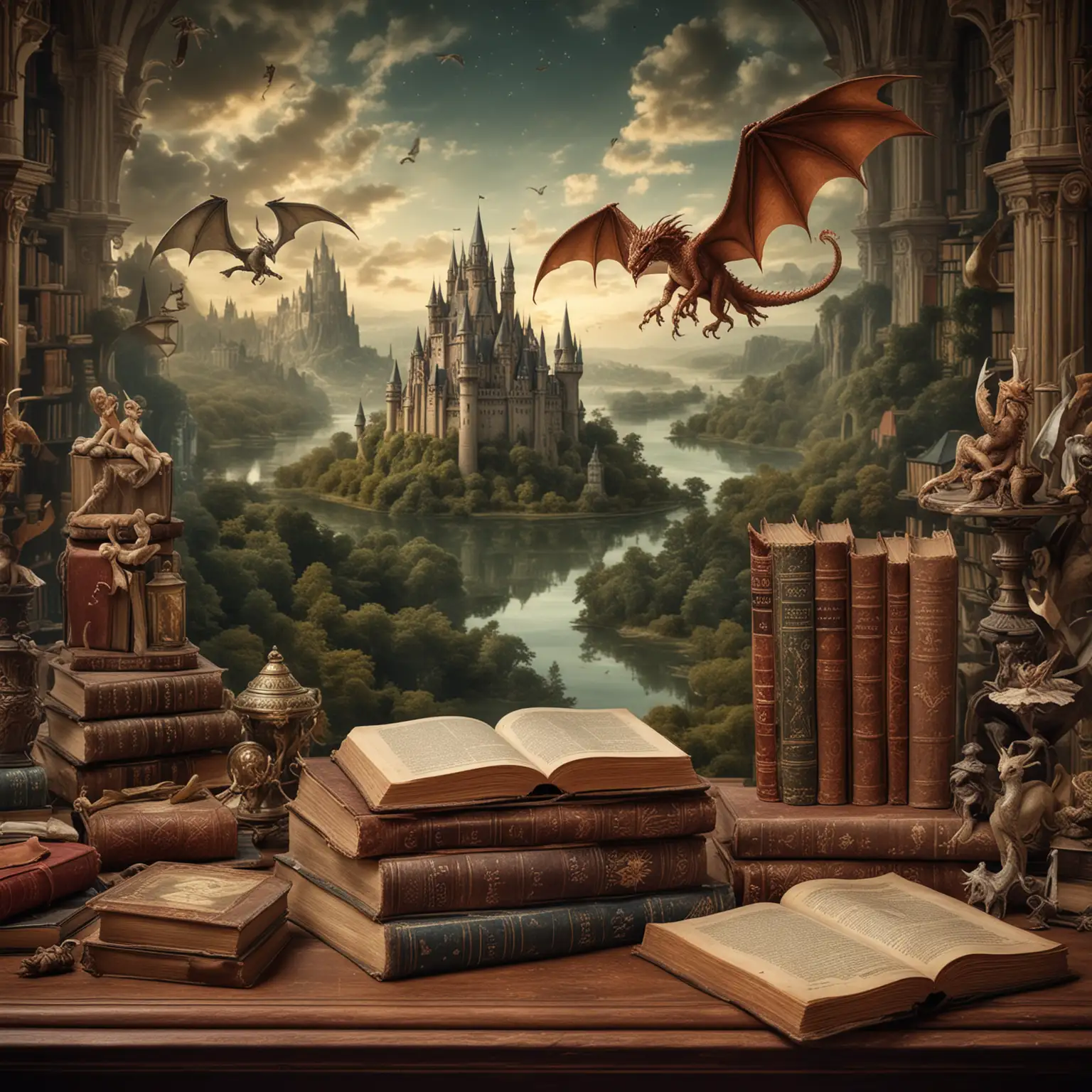 A photo of beautiful, magical, antique Victorian-era books on a desk. Surrounded by magical, beautiful, magical creatures from myths and legends. Flying one beautiful, magical, big dragon and one beautiful, magical elf. In the distance a beautiful castle. The climate of the magical, fantastic Victorian era.