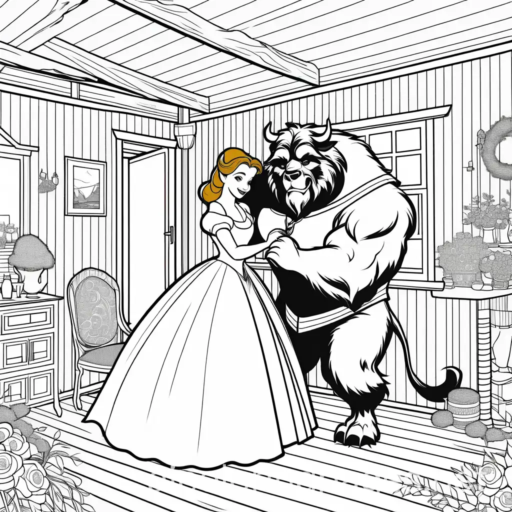 Beast-and-Belle-Playing-Ring-Around-the-Rosy-in-a-Cottage-Coloring-Page