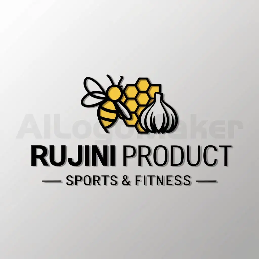 a logo design,with the text "Rujini Product", main symbol:Bee Honey with Garlic,Moderate,be used in Sports Fitness industry,clear background