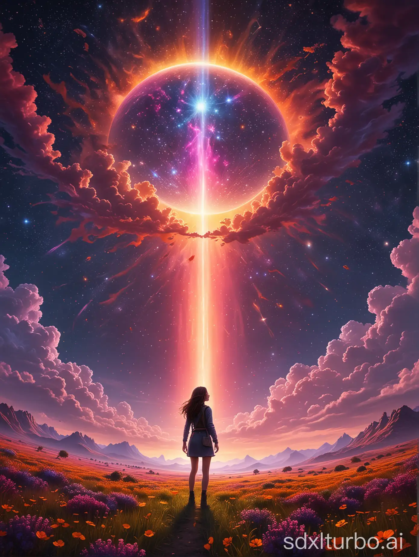 Vast landscape photo, (viewed from below, the sky is above and the open field is below), a girl standing on a flower field looking up, (full moon: 1.2), (meteor: 0.9), (nebula: 1.3), distant mountains , Trees BREAK Crafting Art, (Warm Light: 1.2), (Fireflies: 1.2), Lights, Lots of Purple and Orange, Intricate Details, Volumetric Lighting, Realism BREAK (Masterpiece: 1.2), (Best Quality), 4k, Ultra-Detailed, (Dynamic Composition: 1.4), Very Detailed, Colorful Details, (Rainbow Colors: 1.2), (Glow Lighting, Atmospheric Lighting), Dreamy, Magical, (Solo: 1.2)