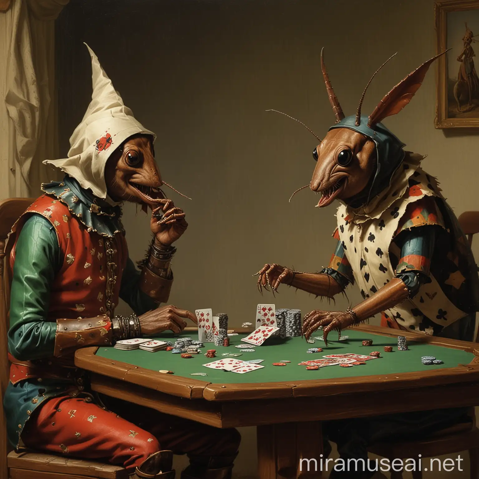 Cockroach and Jester Poker Game Art A Quirky Spin on Dogs Playing Poker
