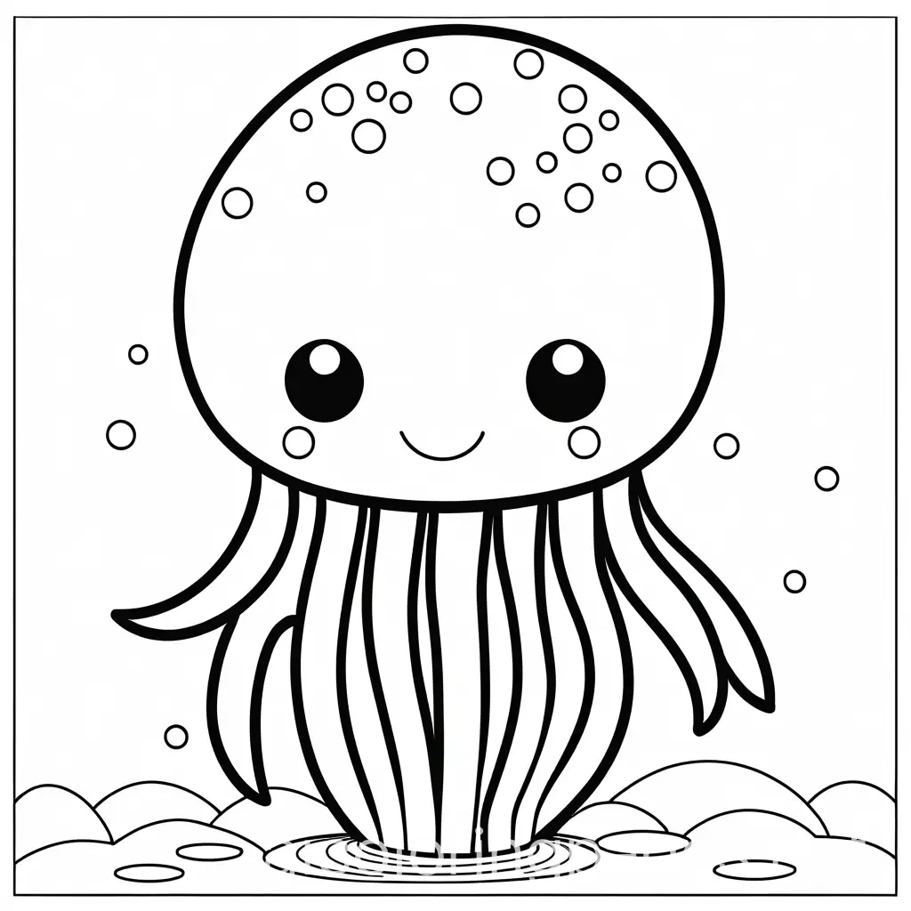 a black and white outline drawing of a cute cartoon jellyfish with a white background, Coloring Page, black and white, line art, white background, Simplicity, Ample White Space. The background of the coloring page is plain white to make it easy for young children to color within the lines. The outlines of all the subjects are easy to distinguish, making it simple for kids to color without too much difficulty, Coloring Page, black and white, line art, white background, Simplicity, Ample White Space. The background of the coloring page is plain white to make it easy for young children to color within the lines. The outlines of all the subjects are easy to distinguish, making it simple for kids to color without too much difficulty