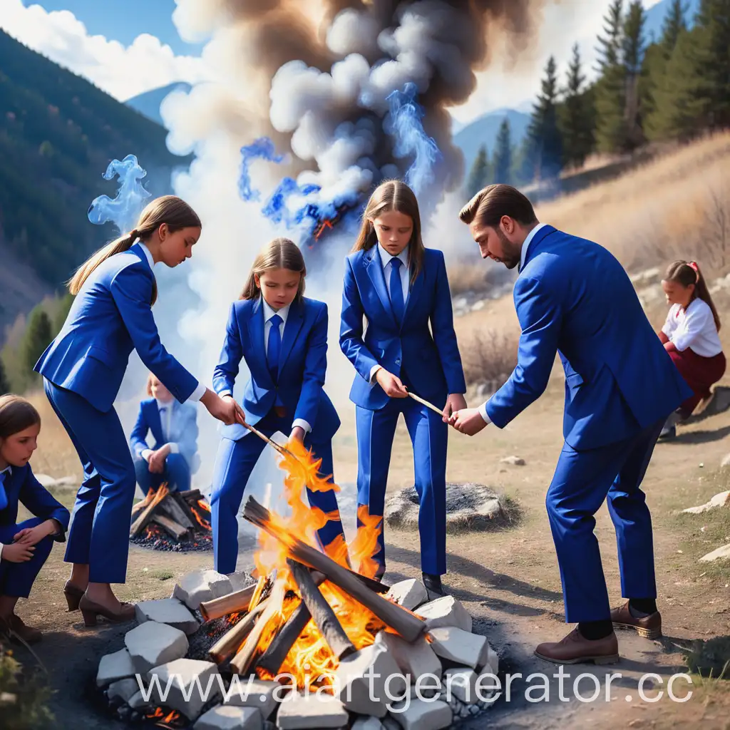 Group-of-Men-and-Girls-in-Blue-Suits-Making-Fire-in-Mountain-Village