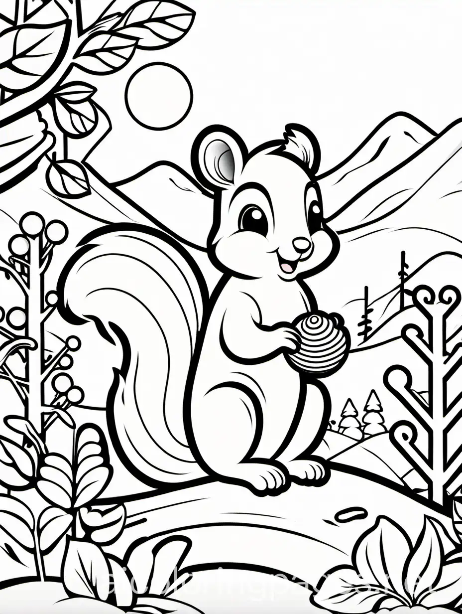 a baby squirrel with a nut winter scene
, Coloring Page, black and white, line art, white background, Simplicity, Ample White Space. The background of the coloring page is plain white to make it easy for young children to color within the lines. The outlines of all the subjects are easy to distinguish, making it simple for kids to color without too much difficulty