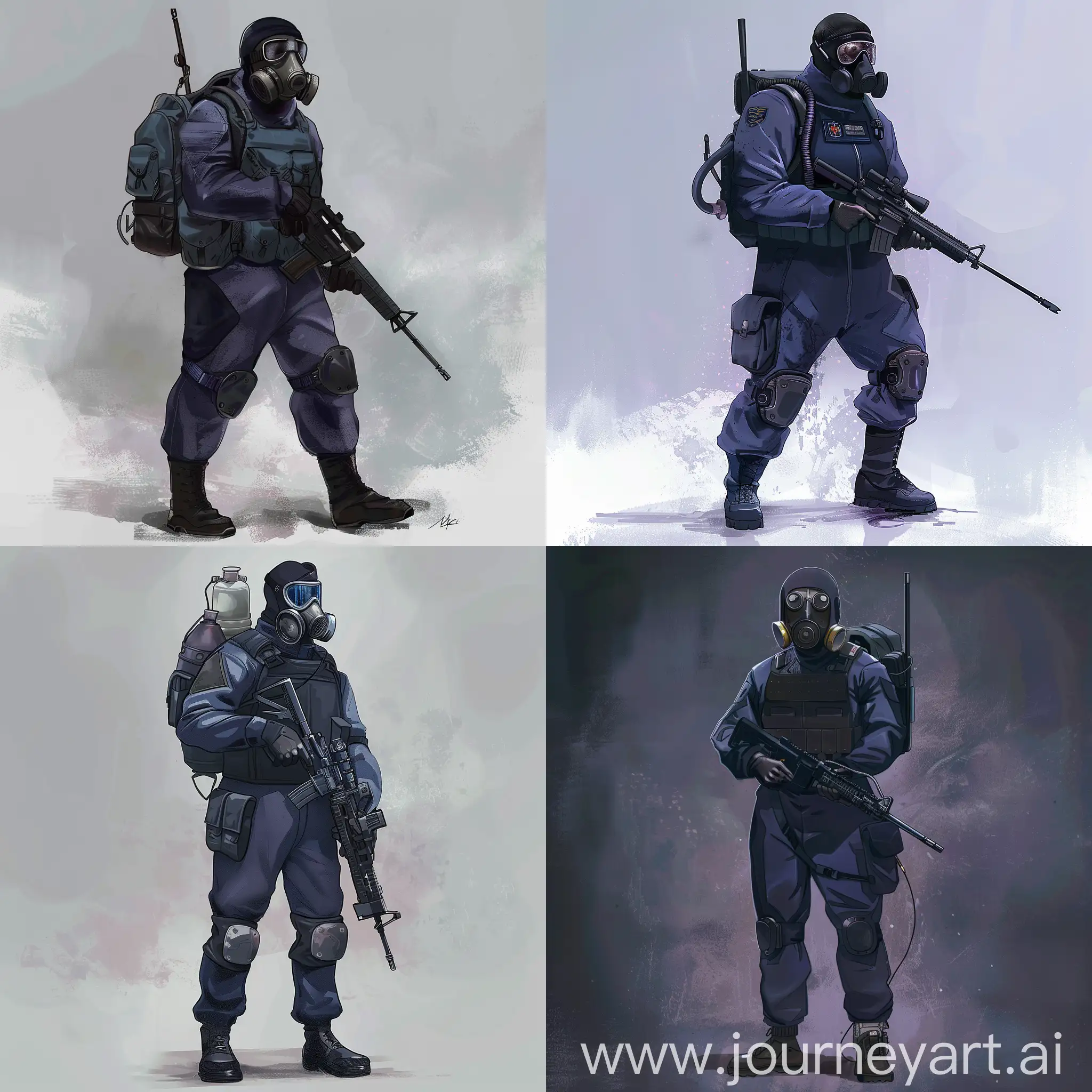 Concept character art, dark purple military suit, hazmat protective gasmask on his face, small military backpack, military unloading on his body, sniper rifle in his hands, there is also a mechanical prosthesis on the arm.