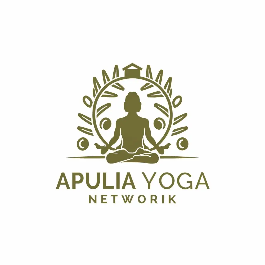a logo design,with the text "Apulia Yoga Network", main symbol:Yogi in lotus position, an olive tree and trullo (typical farm house building),Minimalistic,clear background