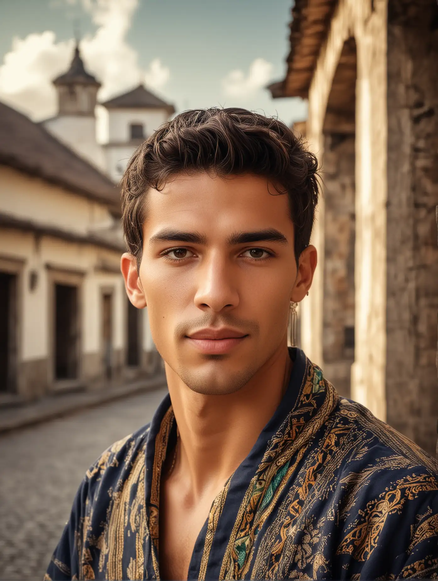 a handsome guy, Brazilian, Brazilian traditional clothing, with exquisite facial features, Famous architectural background from Brazil, professional photography technology