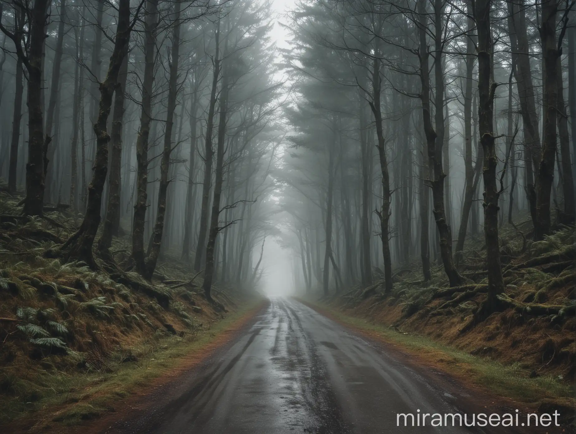 Enchanting Small Road Amidst a Gloomy Forest