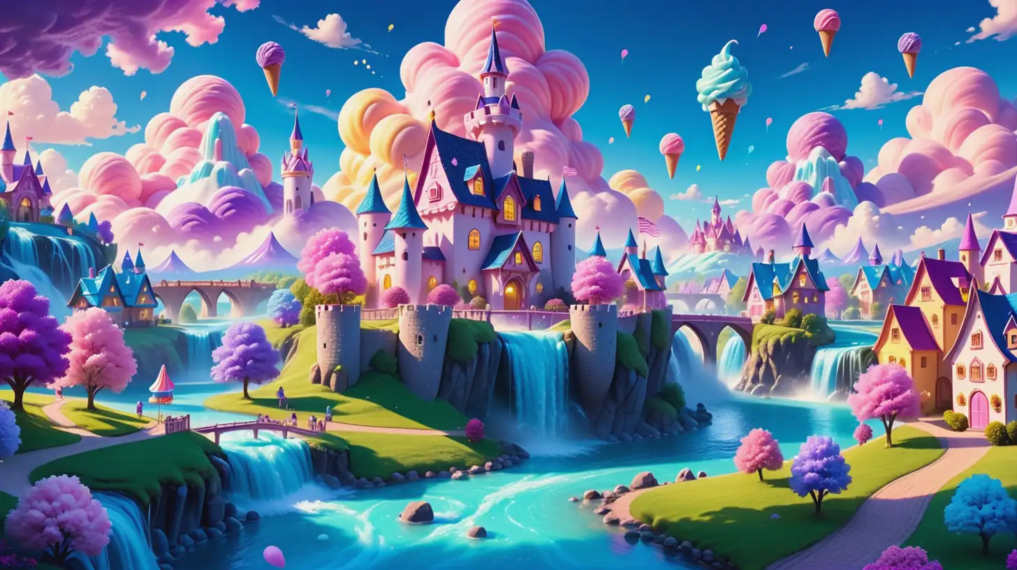 Fairytale ice cream castle and a Whimsical ice cream town of houses. Surrounding a magical navy-ice cream river with whip cream clouds and waterfalls. Purple. Blue. 8K. bright-yellow, and blue sky with cotton-candy clouds.