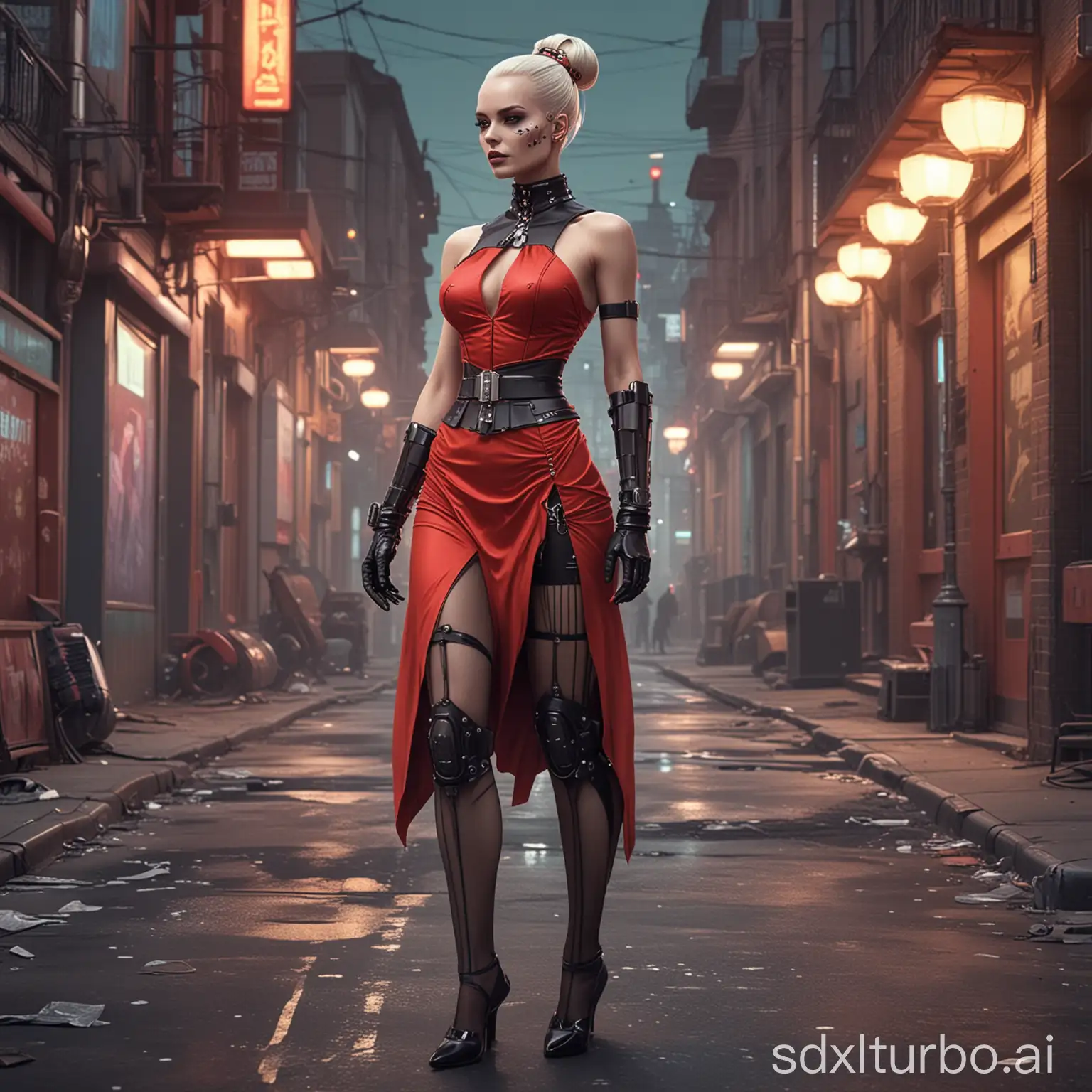 female lady android character, masterpiece coloured illustration, retro futuristic style, highly detailed. full body unfold sci-fi scarlet evening dress, belt with skull, fishnet stockings, One tall ponytail on bald head. walking down the street, retro futuristic city street at the background