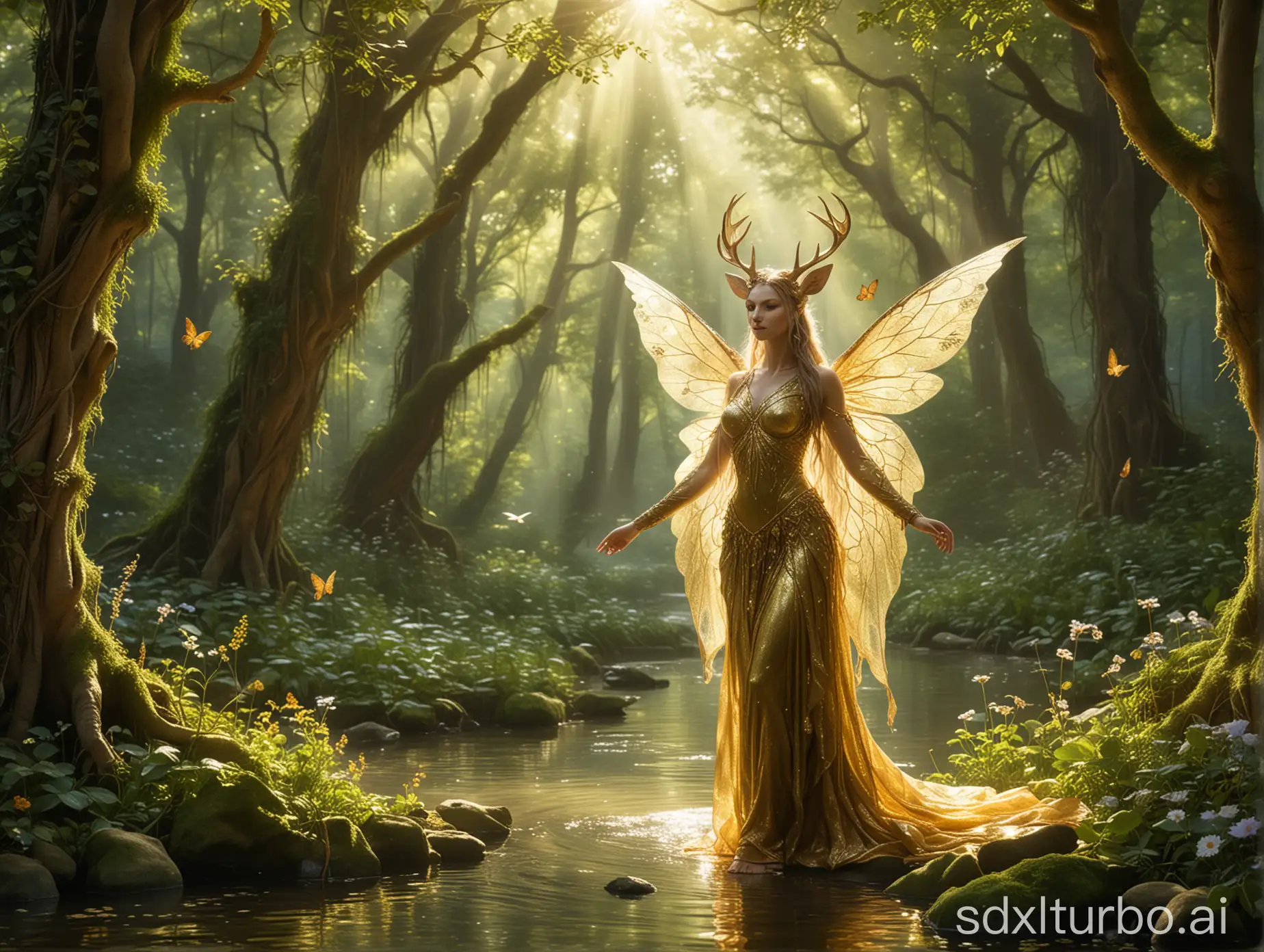 Depict a forest spirit living a tranquil life in the verdant and mystical ancient forest. Sunlight filters through the towering canopy, casting golden dappled shadows. The spirit has pointed ears and iridescent transparent wings, dressed in natural attire woven from leaves and vines, adorned with seasonal wildflowers. She dances gracefully beneath the ancient trees, surrounded by a babbling brook and a rich array of wildlife, such as deer and birds. The entire scene is enveloped in a soft magical aura, creating a dreamlike atmosphere of peace and harmony.