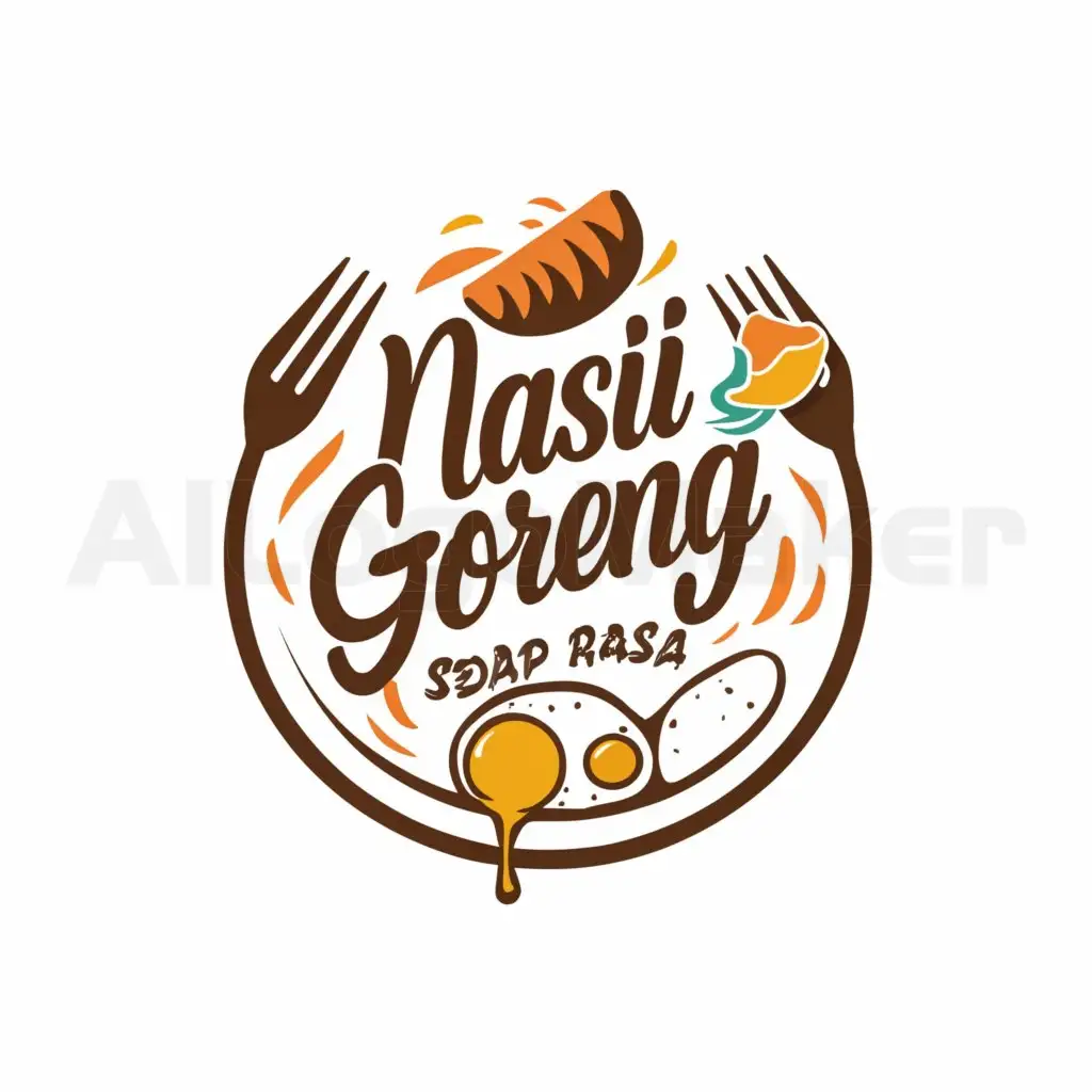 a logo design,with the text "NASI GORENG SEDAP RASA", main symbol:RICE, PLATE, EGG, SPOON, FORK,Minimalistic,clear background