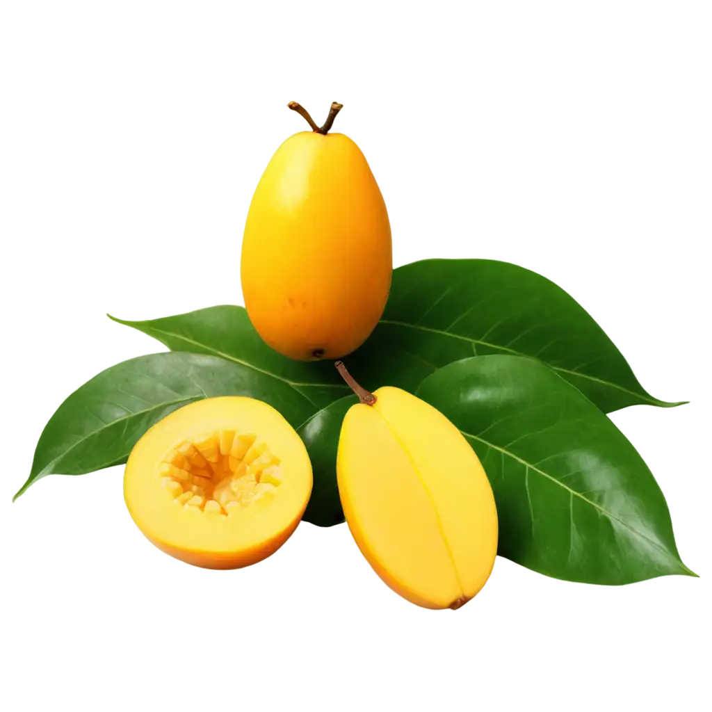Mango with half slices falling or floating in the air with green leaves isolated on background, Fresh organic fruit with high vitamins and minerals.