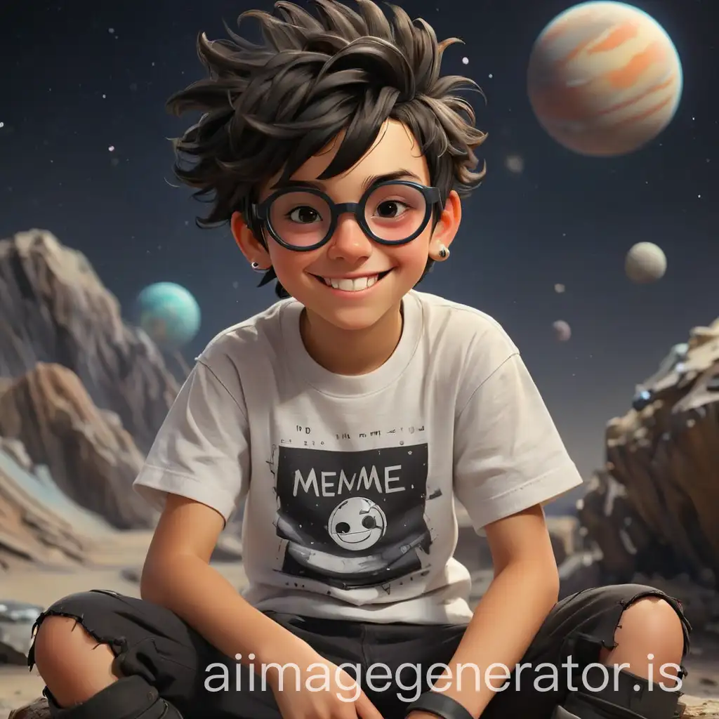A small teenage boy shy smiling, sitting on planet ,wearing t-shirt with written memeverse , Black funky hairstyle, funky goggles