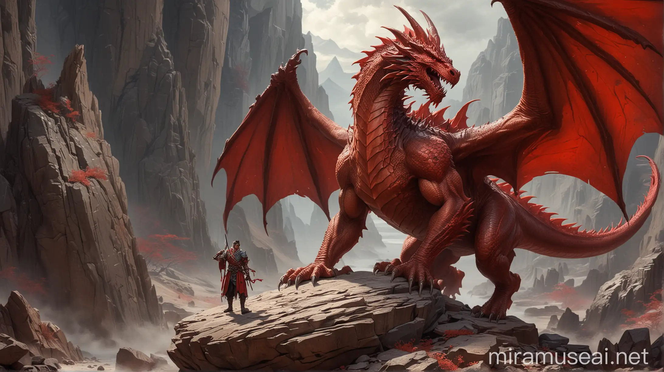 Muscular, dnd style, handsome, red dragon, ruler, rock, proud, touch, beautiful harsh rock