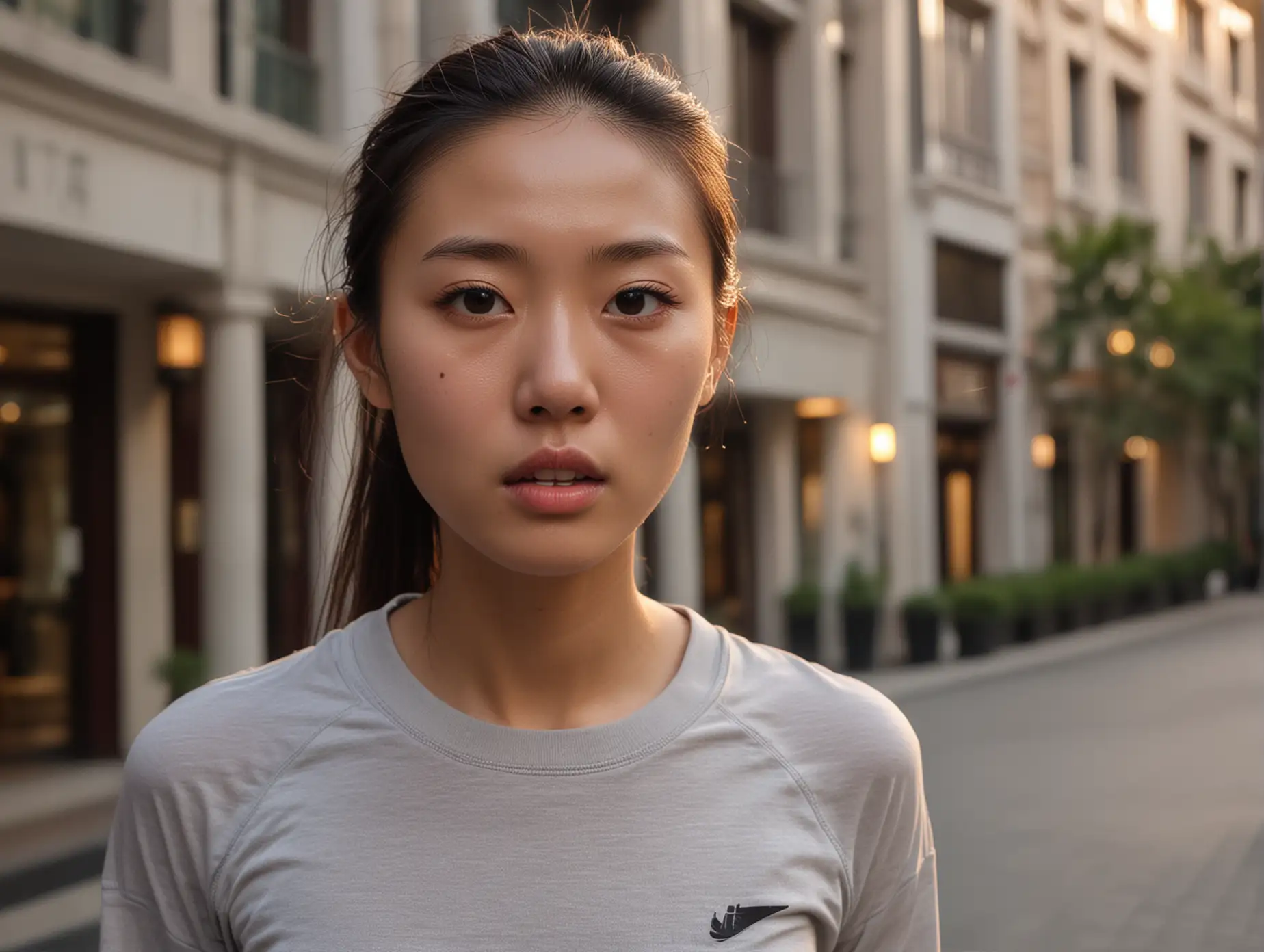 Stunned-Chinese-College-Athlete-in-Running-Clothes-at-Sunrise