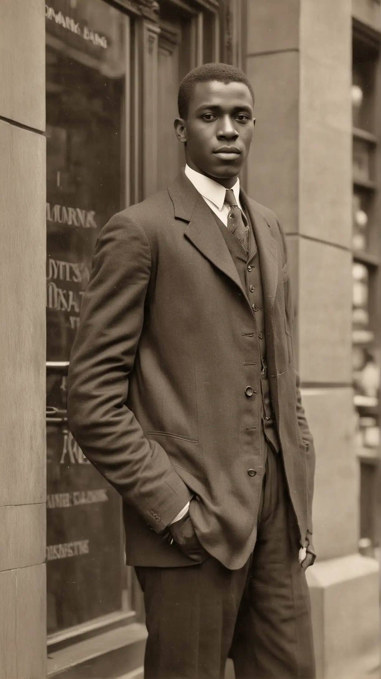 1925 Handsome Black Man Outside Bank