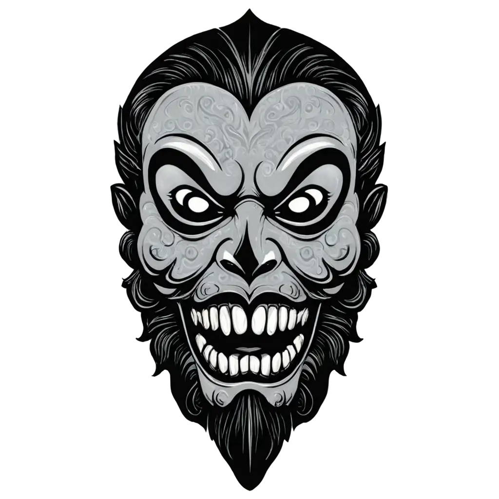 black and grey old school tattoo style design of tradisional mask of scary bad evil in javanese indonesian mythology with tounge out in the right side of it face