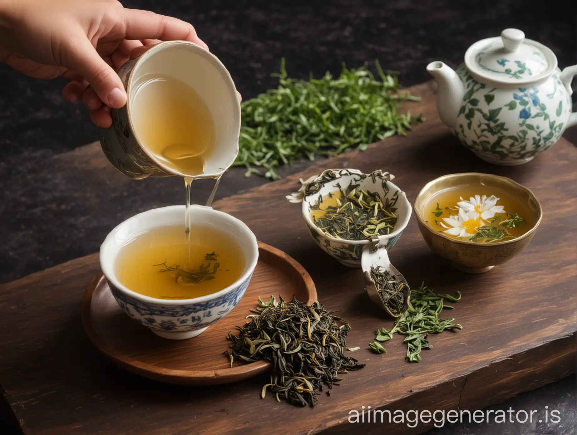 Scented tea is being brewed with tea leaves and scented tea soup on the side.
