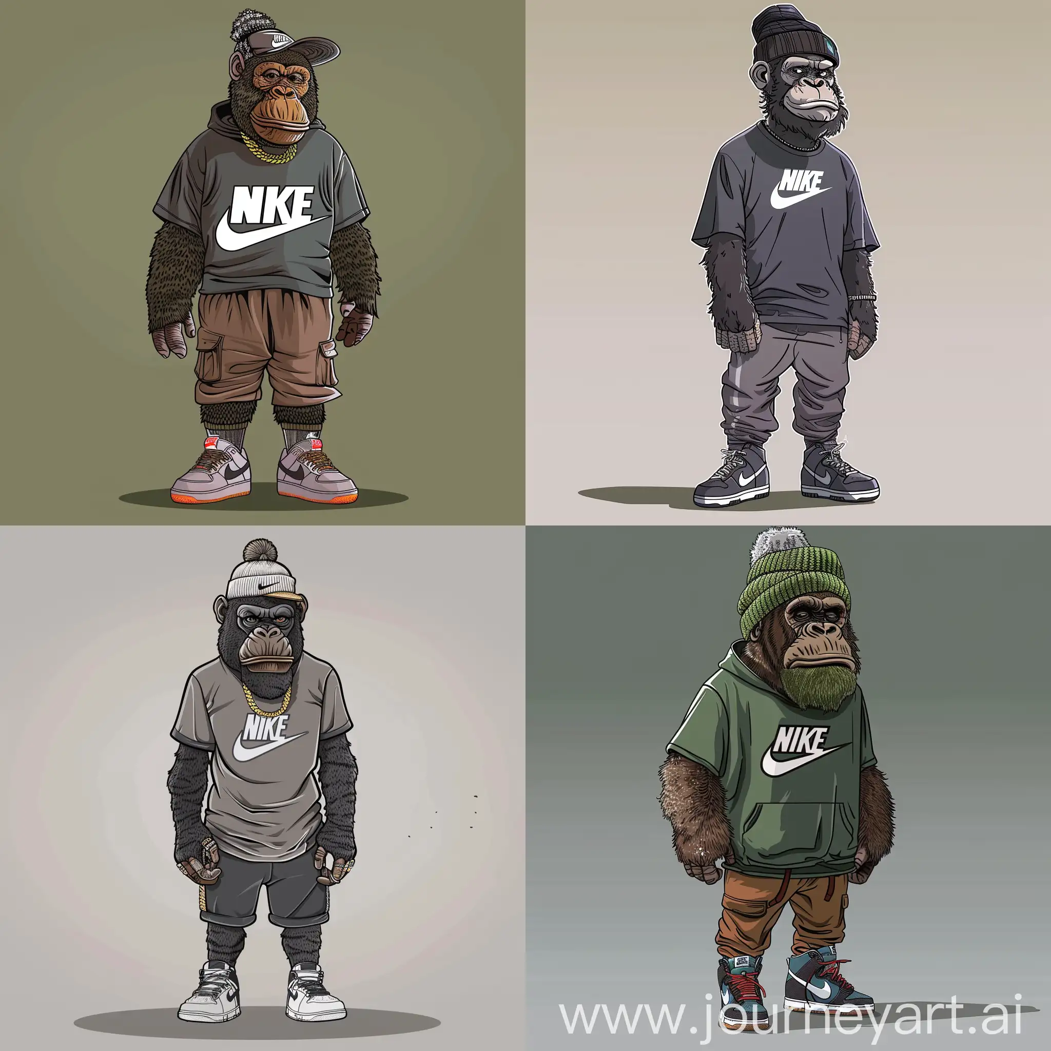 a cartoon of a Kong wearing a Nike  t - shirt, Nike shoes and a beanie, dope, most dope, 2 d style, 2 d anime style, hiphop, cartoon art style, thug life, nipsey hussle, hip hop aesthetic, hip hop style, mcbess, anime style”, rap bling, lol style, gorillaz style, crips, hip hop

Variation number 1