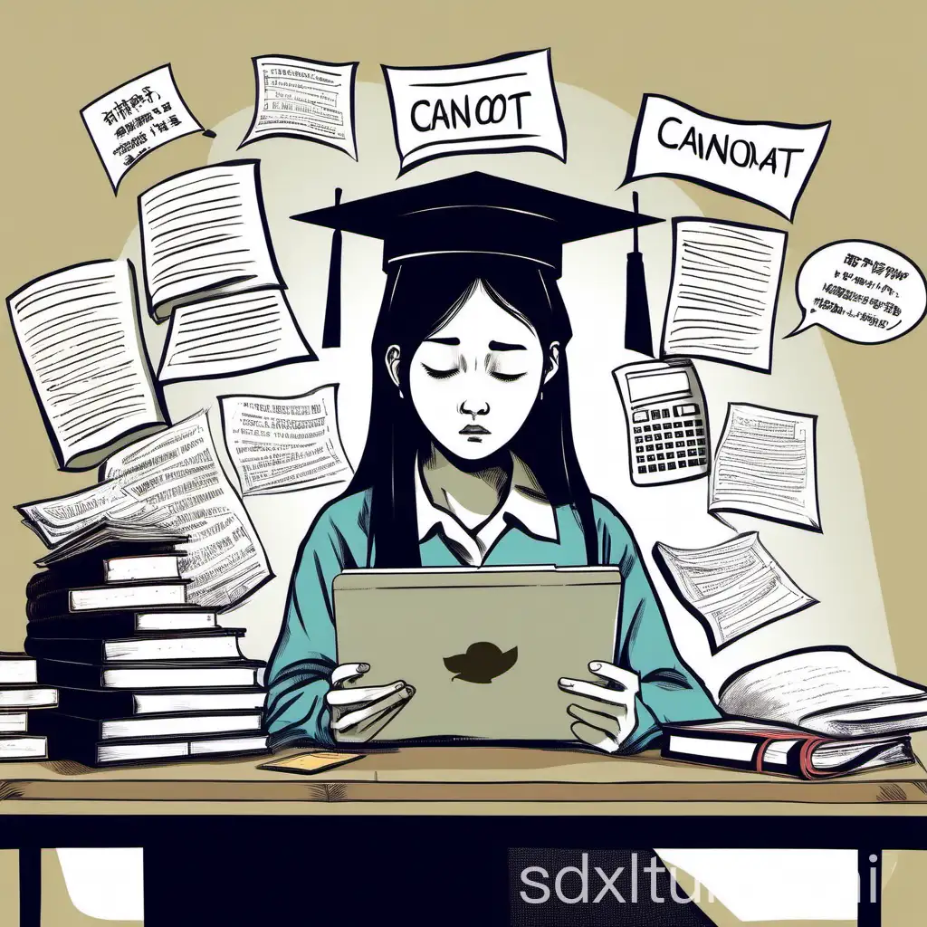 a Chinese graduate student with a mortarboard who is recently struggling because she cannot write her paper. She has a computer in front of her which she is frantically searching for literature on. She is holding a tablet and taking notes. Her advisor is in her mind, urging her to finish the paper sooner. She is very tired. The picture has the words 'cannot write paper'