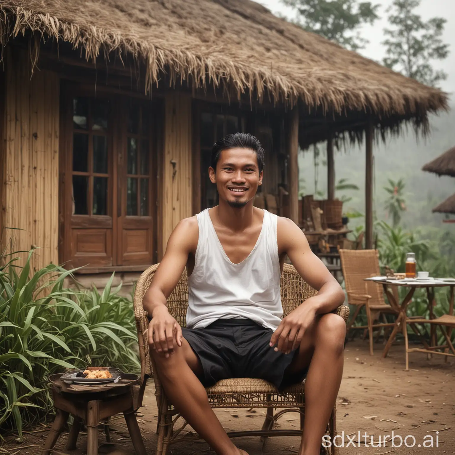 vintage photograph of an Indonesian man wearing a plain black sarong and white singlet, sitting on a rattan chair in front of a large wooden house while smiling looking at the camera. there are fried foods and a glass of warm coffee on the table, the background is an East Java house on the slopes of Mount Bromo, heavy rain, there is a Mercedes Benz AMG in the yard, portrait photography closeup photo very detailed skin texture sharp eyes Realistic hair hyperrealistis, circa 1867, colorized