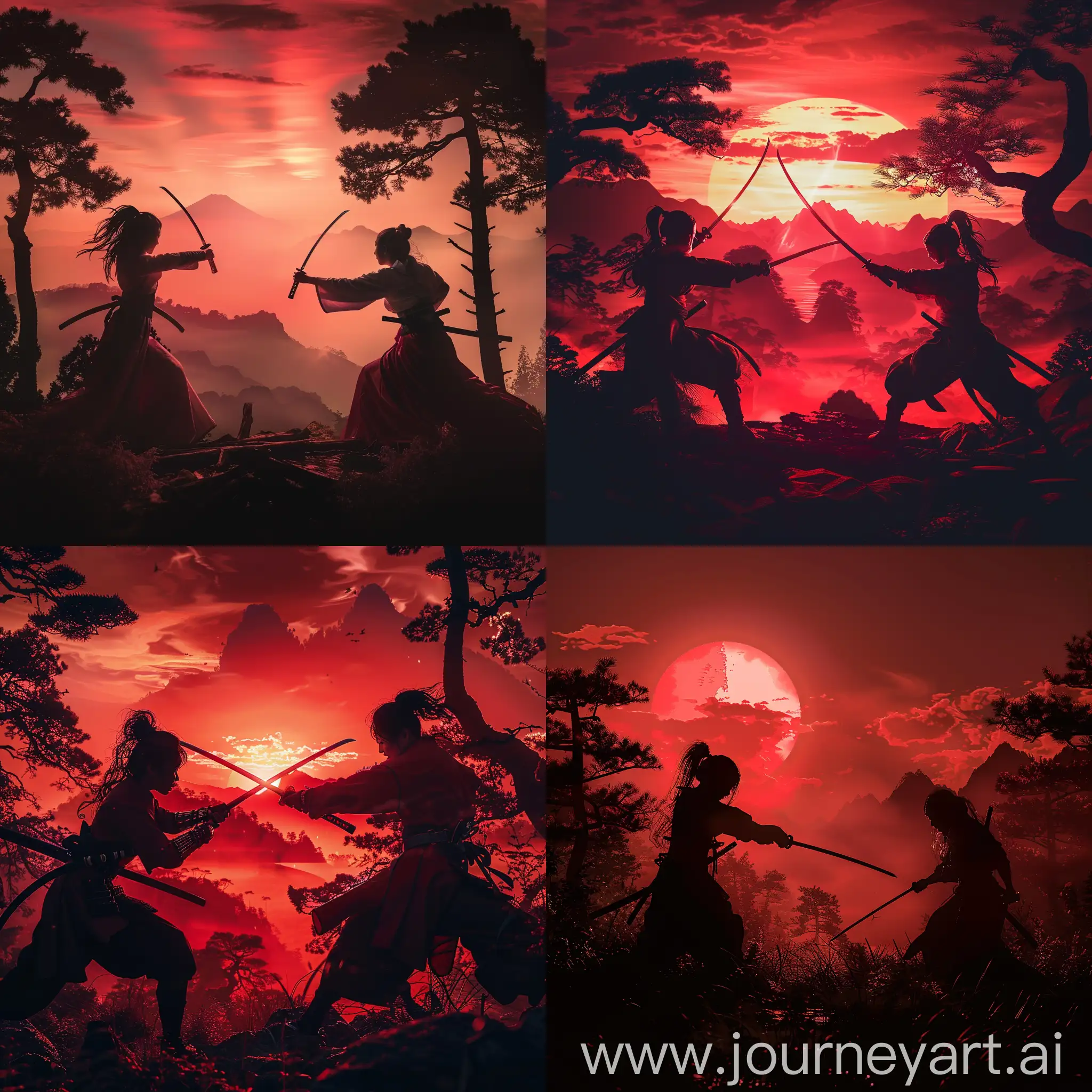 Japanese-Women-Samurai-Sword-Fight-at-Sunset-Among-Silhouetted-Mountains-and-Trees-with-Mysterious-Red-Lighting