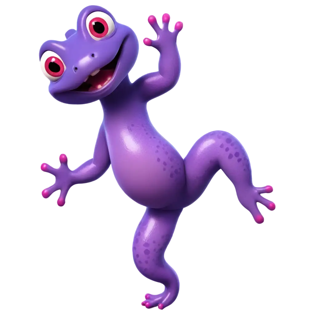 cartoon purple salamander dancing without a shadow on a transparent background