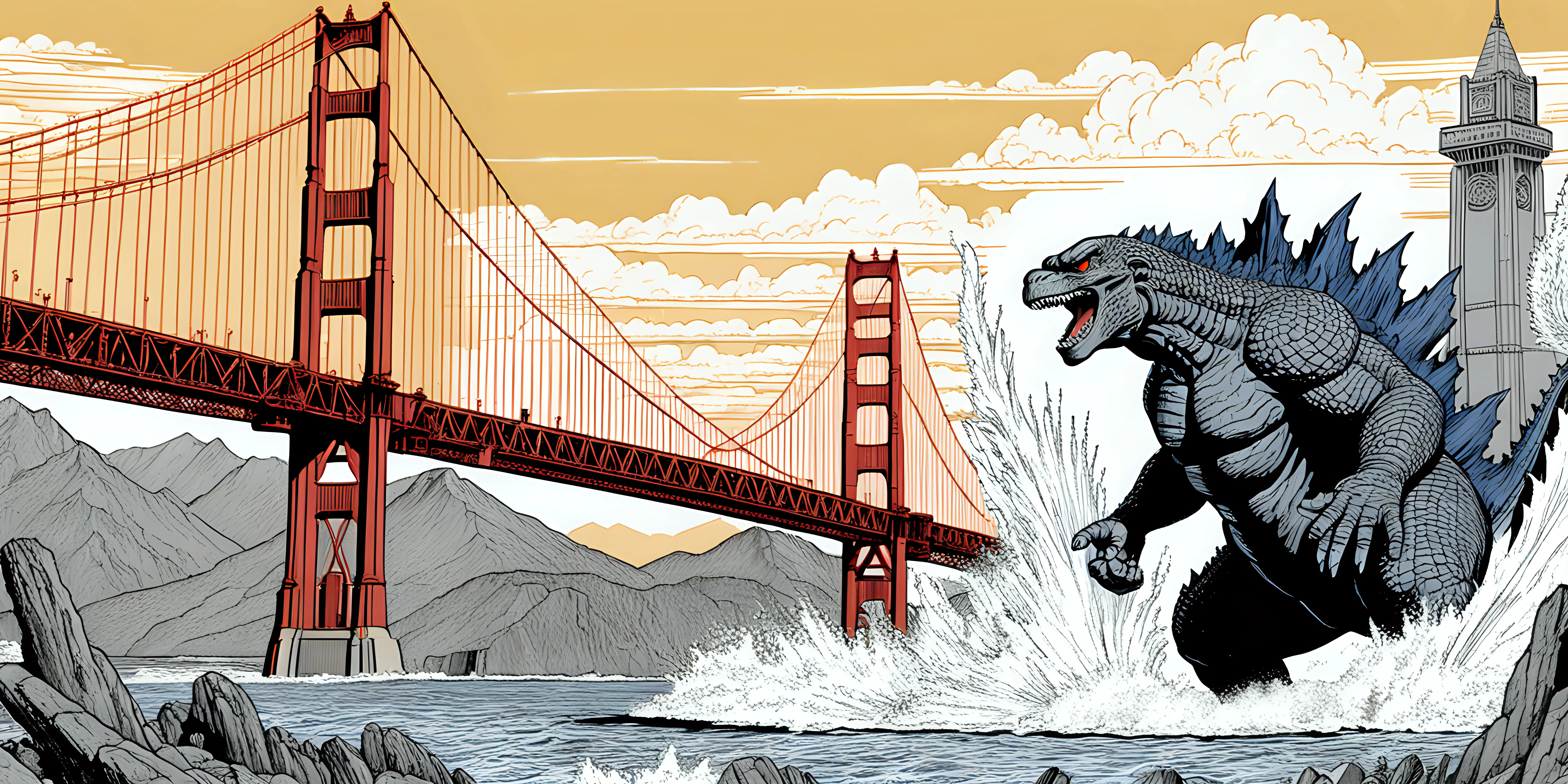 4 color Red, blue, slate grey, yellow. Godzilla ink line art. Comic book style. Godzilla destroying a city. Approaching the Golden Gate Bridge