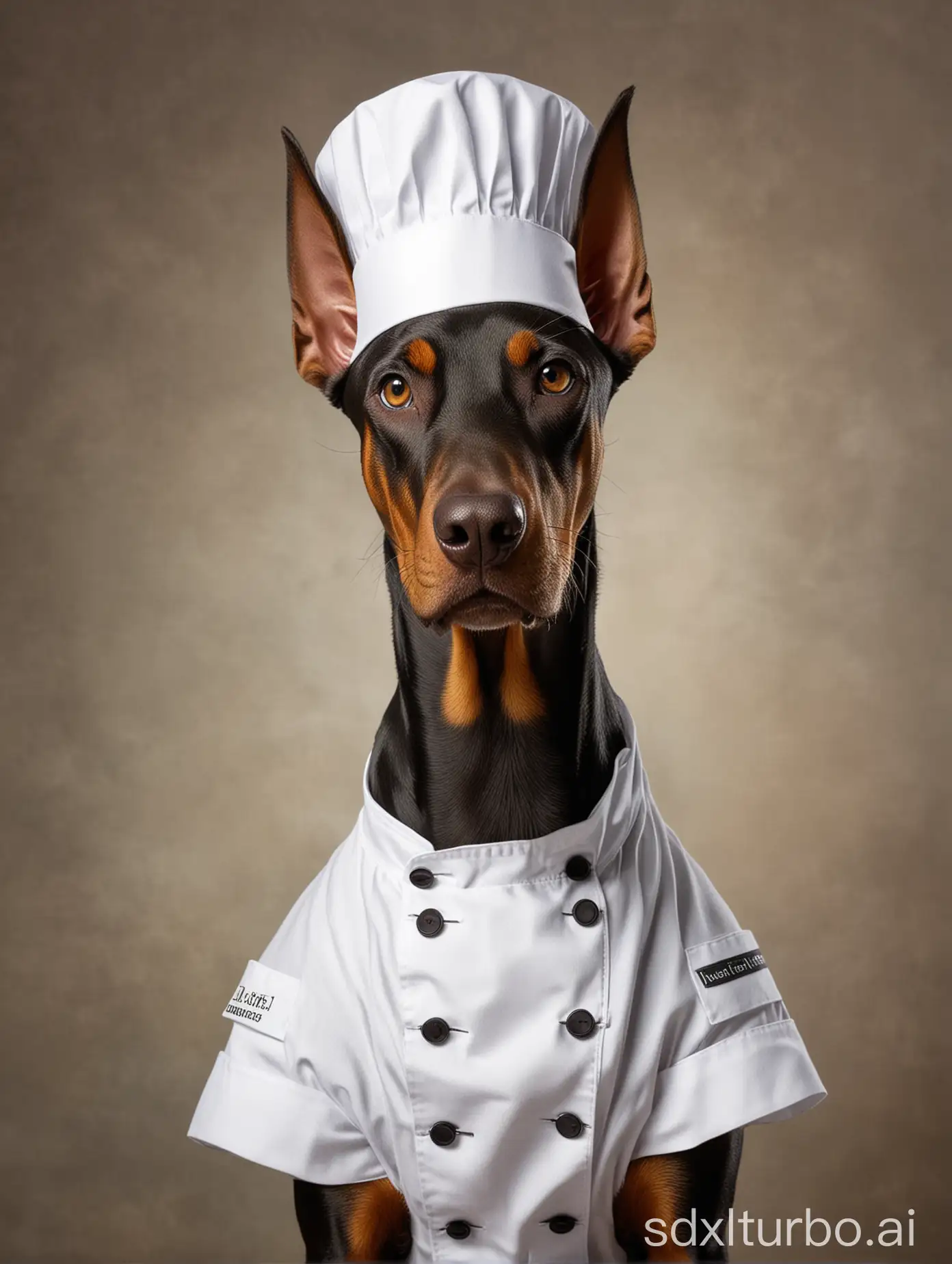 A Doberman dog in a chef's uniform