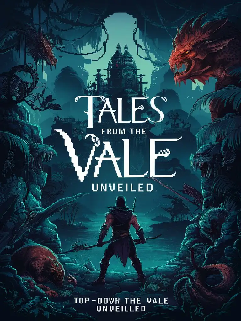 STYLIZED PIXEL ART TOP DOWN RETRO GAME COVER ART OF ENIGMATIC MISTY  FANTASY JUNGLE ISLANDS TITLED GAME ART "TALES FROM THE VALE" AND IN LARGE TEXT "UNVEILED" BELOW MONSTER BATTLE GAME