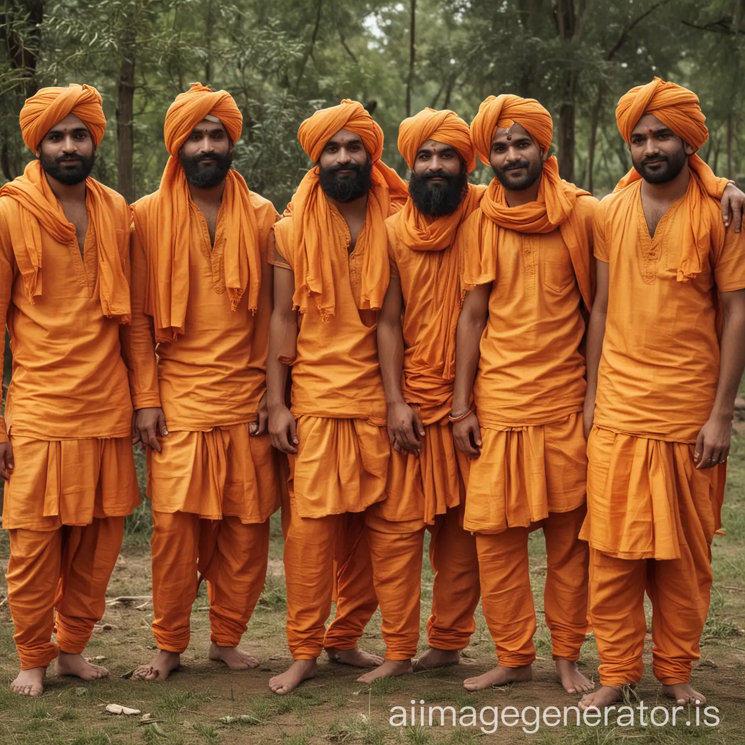 Somewhere Hindu brothers are standing together wearing saffron clothes.