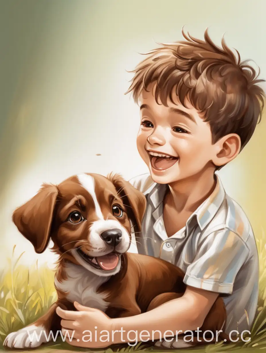 Веселый мальчик играет с коричневым щенком, одно ухо у которого белое