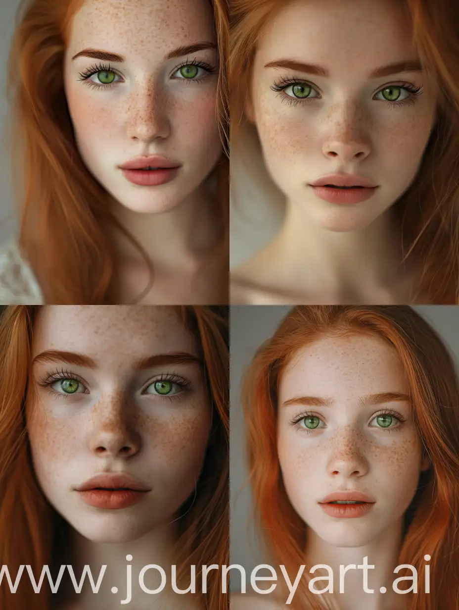 a slender, beautiful young girl of Norwegian nationality, with delicate features, fair skin, green eyes, long red hair, dark eyebrows and long eyelashes, green eyes, a thin, neat nose and plump red lips.