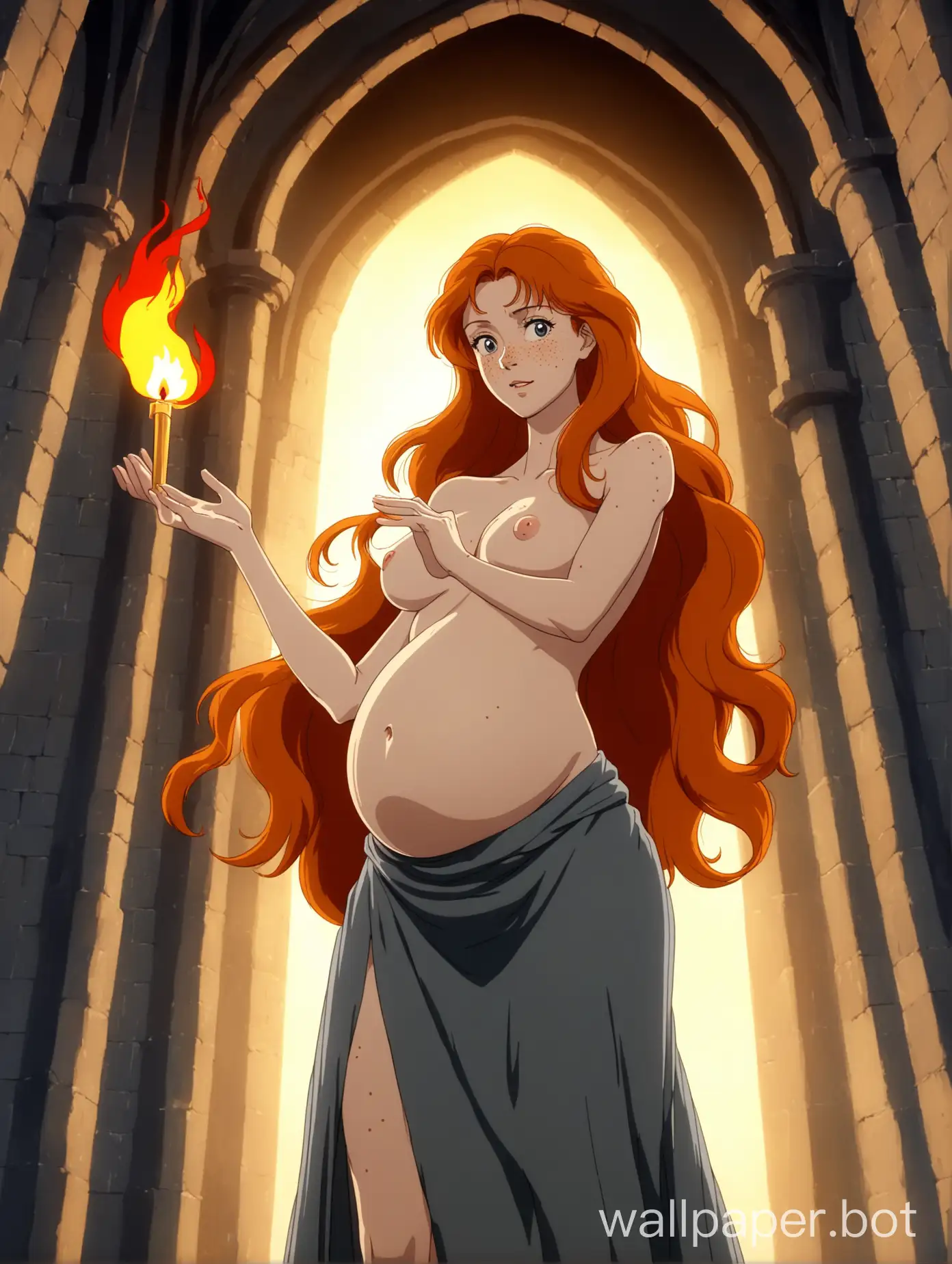 low angle, portrait of a young and attractive white woman is pregnant, she has long wavy orange hair, standing regally, holding a flame in the palm of her outstretched hand, elegant and slender, sharp face, lots of freckles, dignified and confident, amazed expression, wearing a sheer long thin dark grey skirt, topless, exposed chest, midriff, shirtless, gorgeous breasts, she is thin and slender, ornate stitching, medieval elegance, castle interior, 1980s retro anime, vibrant colors, golden hour lighting