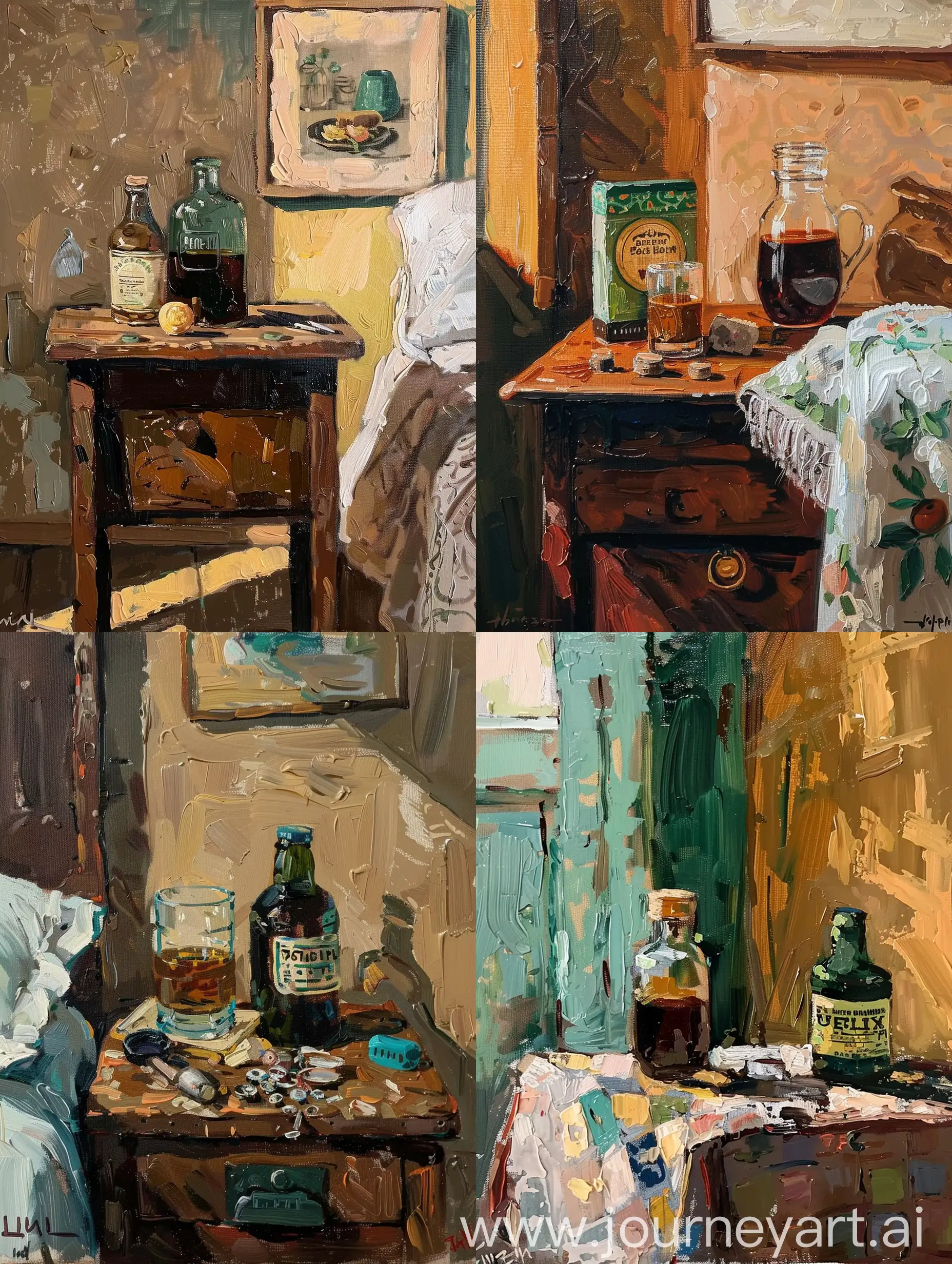 live scene oil painting of a table by the bedside with random items on it