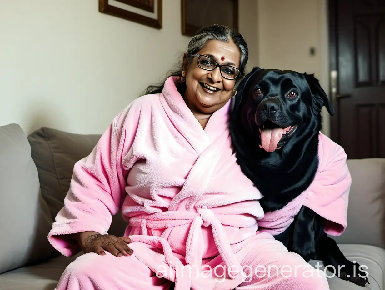 a fat mature indian lady having age 46 with makeup, with thick hair with French braid hairstyle and wearing a spectacles on face, wearing a pink bathrobe, sitting on a sofa, she is happy and smiling. A big black dog is sitting near her in a house.