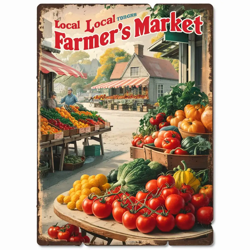 A vintage-style poster of a local farmers market with fresh produce.