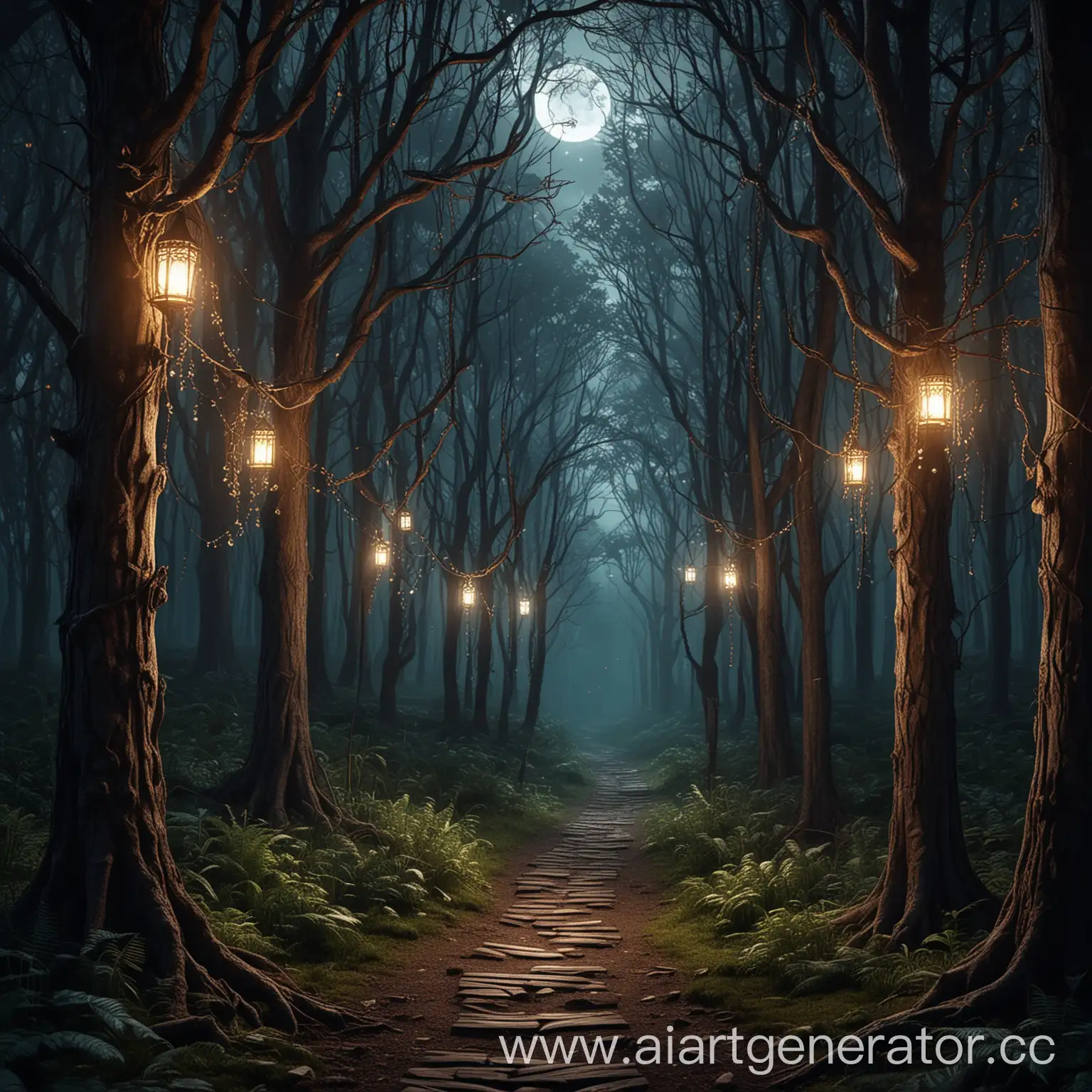 загадочный лес, свет луны тропинка, деревья с подвешенными на них узорчатыми , таинственное свечение
