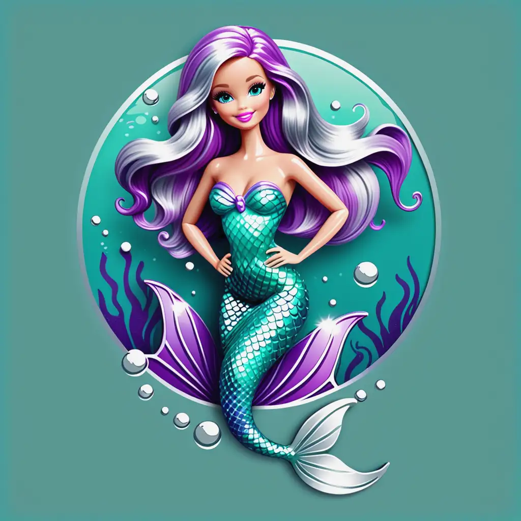Logo. Barbie style mermaid in shades of turquoise, silver and purple. Swimming. Happy, playful, child-like.