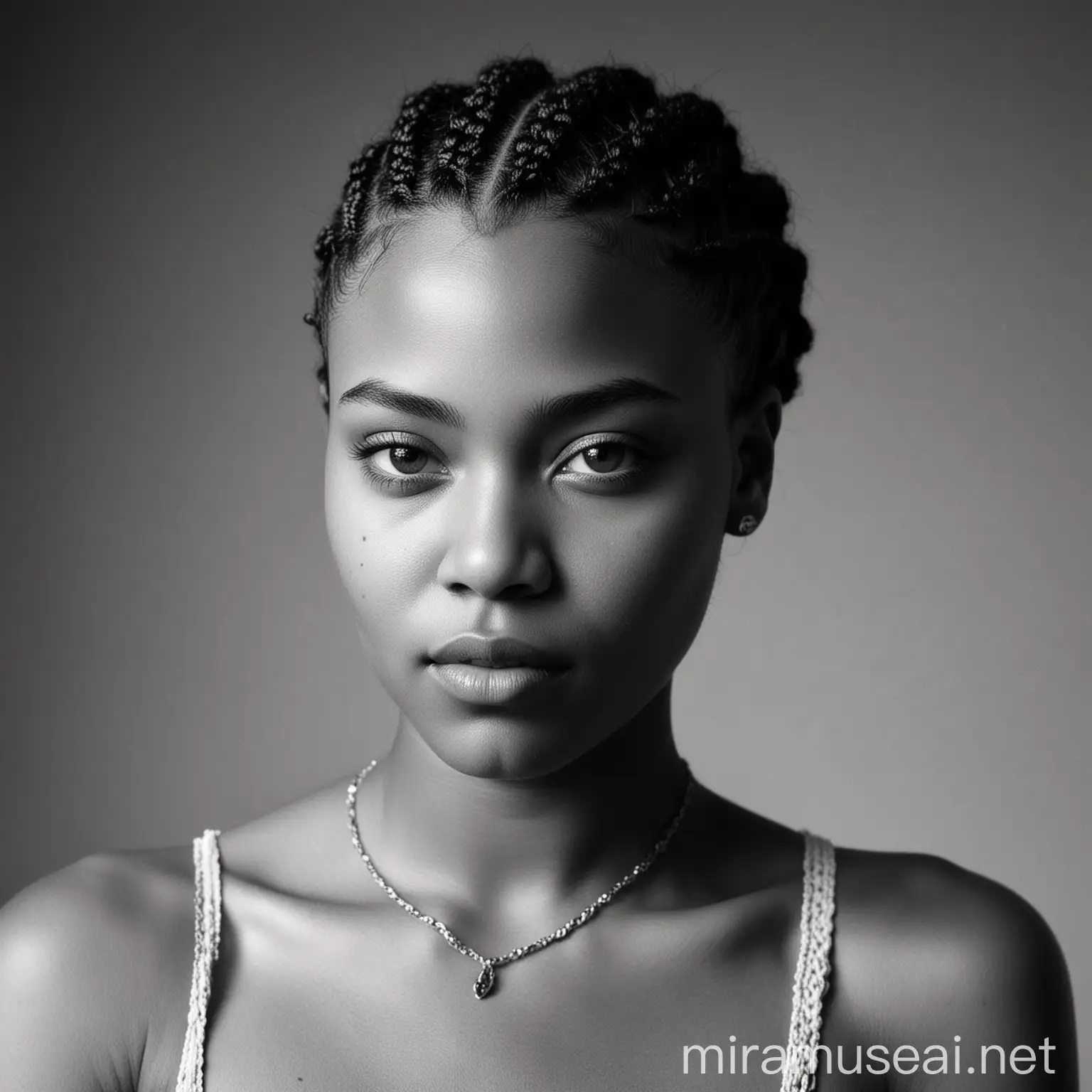 A black and white photograph of a strikingly beautiful black woman. The lighting is high contrast, emphasizing the beautiful nuances of her gorgeous black skin. She has very short braided hair in cornrows, with minimal to no makeup. Her shoulders are bare, adding to the raw, natural beauty of the portrait. The photograph is styled like a 90s film camera fashion shot. The background is plain white, allowing the subject to stand out. She is positioned at a unique angle, making the image striking and captivating. The woman is the sole subject in the image, embodying elegance and strength.

