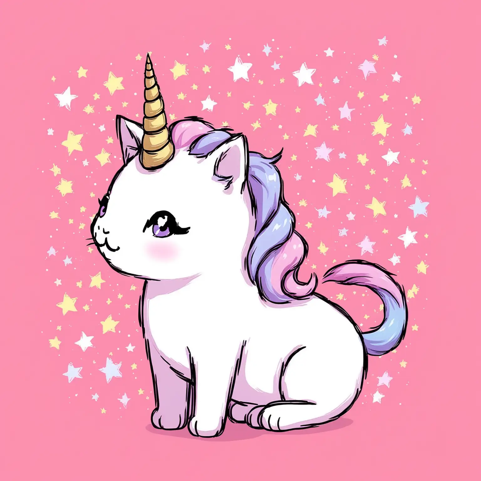 Cat with unicorn horn pink background with stars