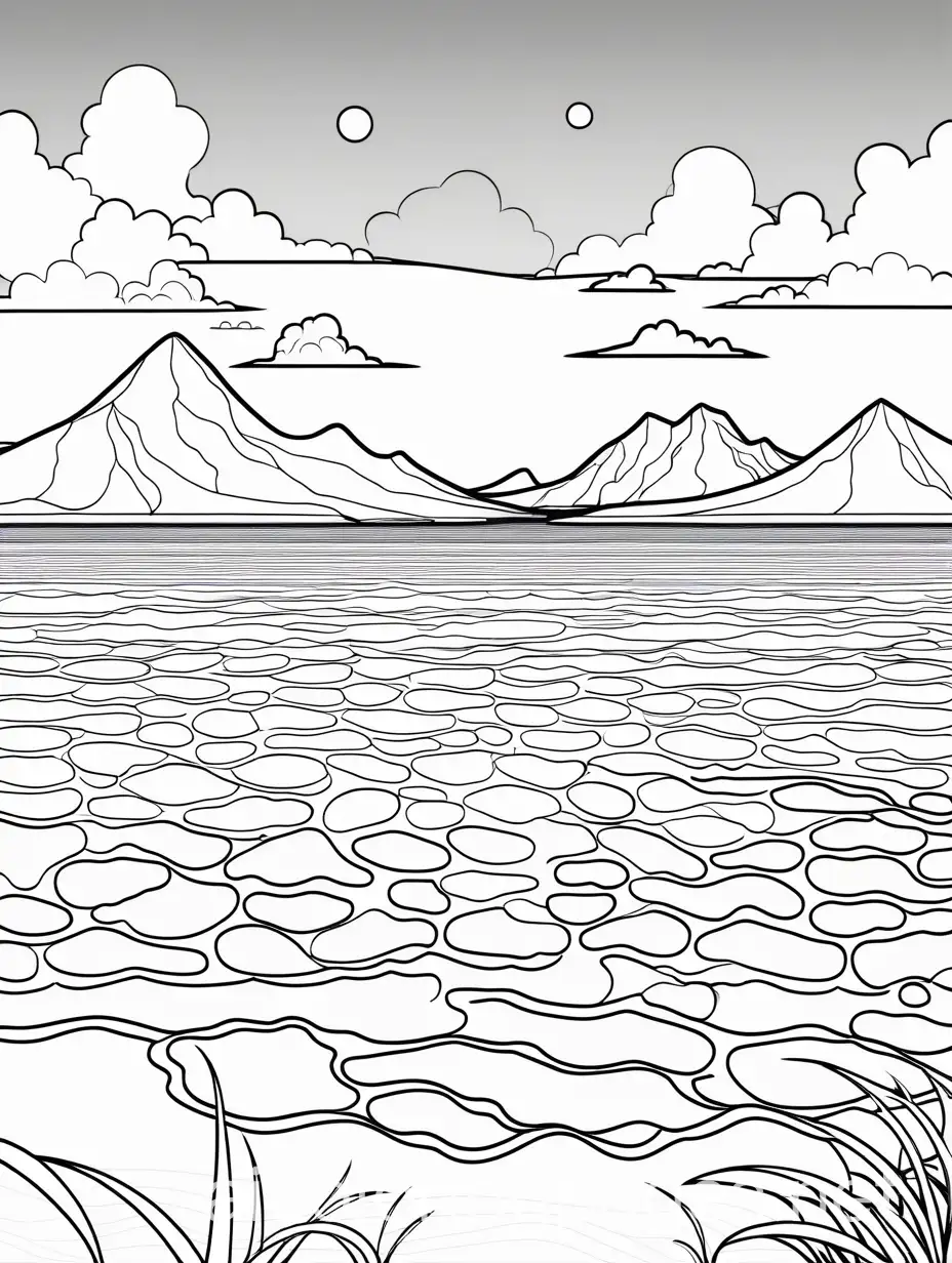dry lake bed, Coloring Page, black and white, line art, white background, Simplicity, Ample White Space. The background of the coloring page is plain white to make it easy for young children to color within the lines. The outlines of all the subjects are easy to distinguish, making it simple for kids to color without too much difficulty