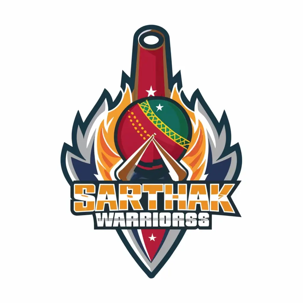 a logo design,with the text 'SARTHAK WARRIORS', main symbol:Cricket ball ,  colourful logo, ,Minimalistic,clear background